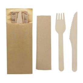 Set Cubiertos Madera Tenedor, Cuchillo y Servilleta (50 Uds)