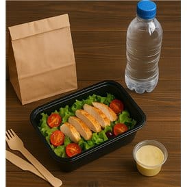 Tarrina Rectangular PP Negra con Tapa 500ml 17,3x11,9cm (50 Uds)