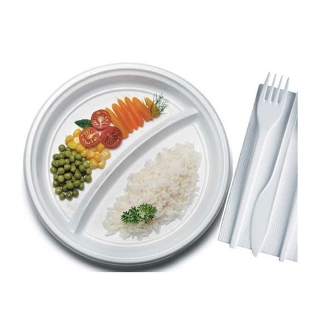 Plato de Plastico Blanco 2 Compartimentos PS 220mm (100 Uds) Plato de Plastico Blanco 2 Compartimentos PS 220mm (100 Uds)
