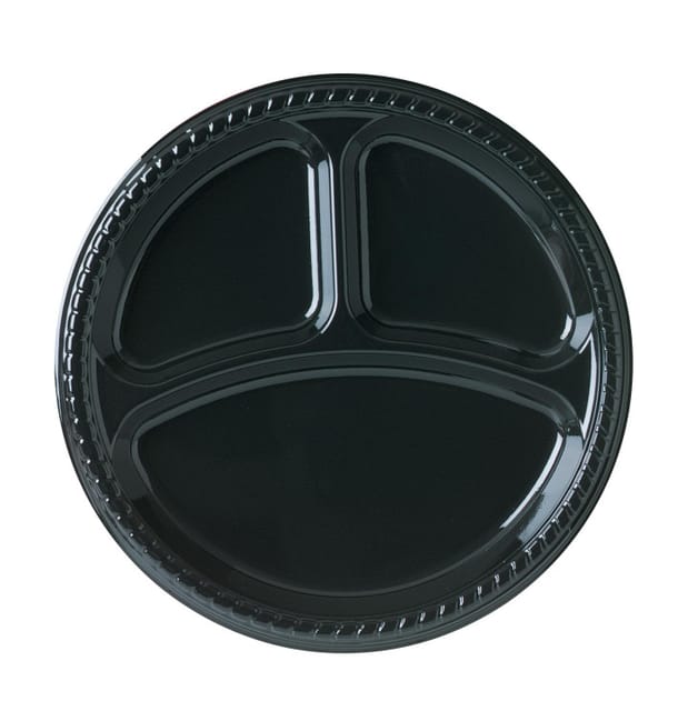 Plato de Plastico Party PS Llano Negro 3 compartimentos Ø260mm (500 Uds) Plato de Plastico Party PS Llano Negro 3 compartimentos Ø260mm (500 Uds)