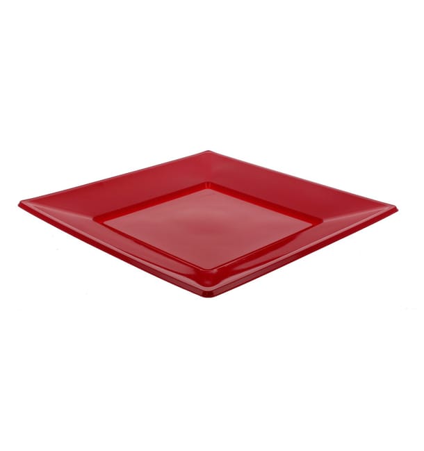 Plato de Plastico Llano Cuadrado Burdeos 230mm (25 Uds)