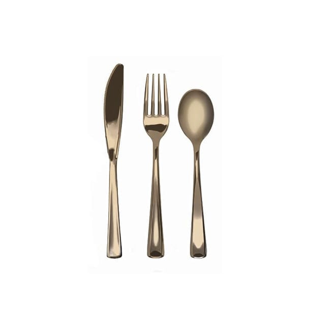 Kit de Tenedor, Cuchillo y Cucharilla Oro Metalizado (1 Kit) Kit de Tenedor, Cuchillo y Cucharilla Oro Metalizado (1 Kit)