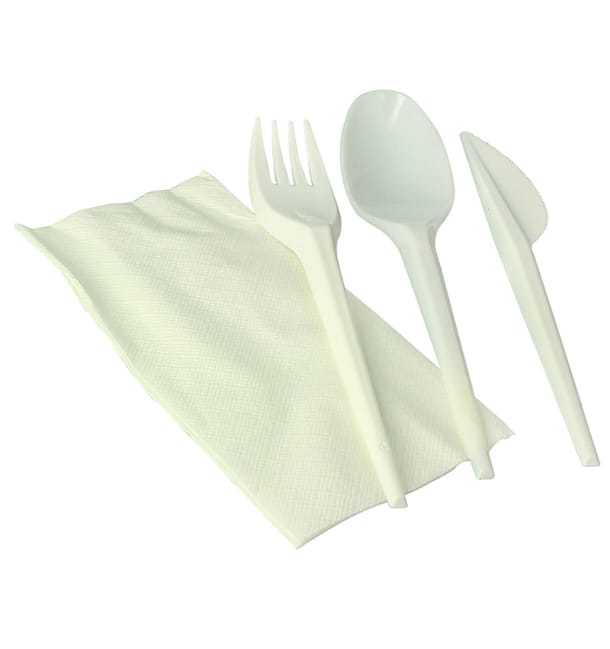 Set Cubiertos Tenedor, Cuchara, Cuchillo y Servilleta Almidón Maíz PLA (100 Uds) Set Cubiertos Tenedor, Cuchara, Cuchillo y Servilleta Almidón Maíz PLA (100 Uds)