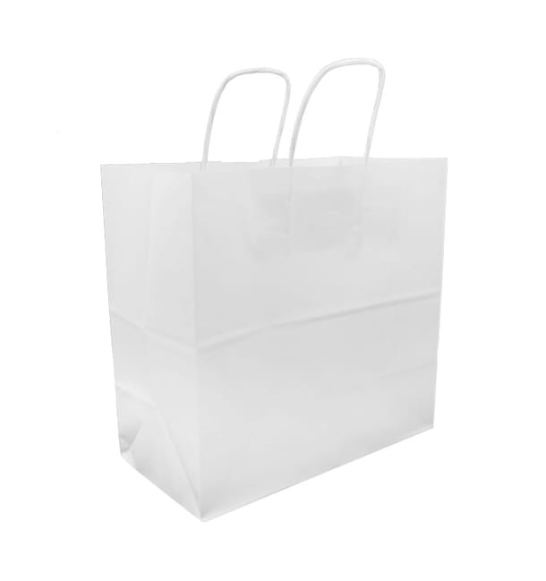 Bolsa Papel Kraft Blanca con Asas 100g 27+14x26cm (200 Uds) Bolsa Papel Kraft Blanca con Asas 100g 27+14x26cm (200 Uds)