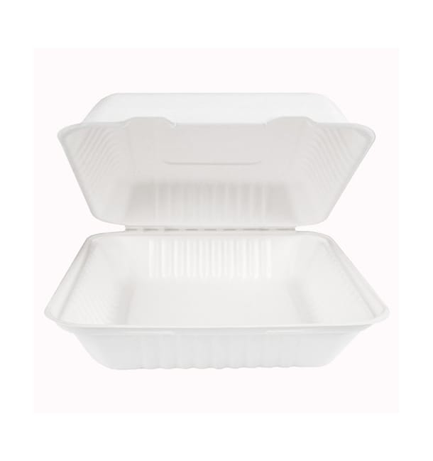 Envase Bisagra Caña de Azúcar + PLA Blanco 23x23x7,5cm (200 Uds) Envase Bisagra Caña de Azúcar + PLA Blanco 23x23x7,5cm (200 Uds)