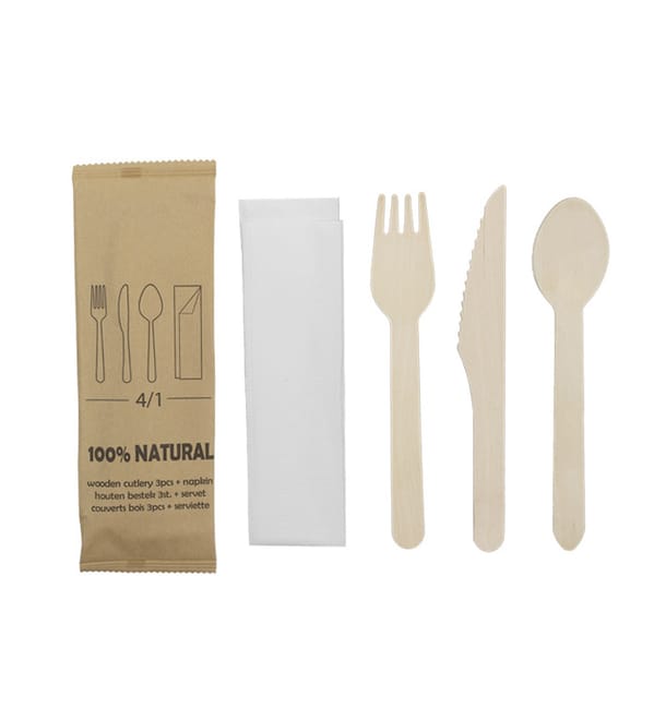 Set de Tenedor, Cuchillo, Cuchara y Servilleta Madera 20,5cm (25 Uds)