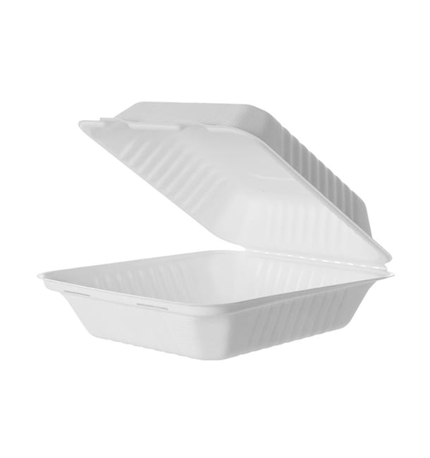 Envase Bisagra Caña de Azúcar + PLA Blanco 20x20x7,5cm (200 Uds) Envase Bisagra Caña de Azúcar + PLA Blanco 20x20x7,5cm (200 Uds)