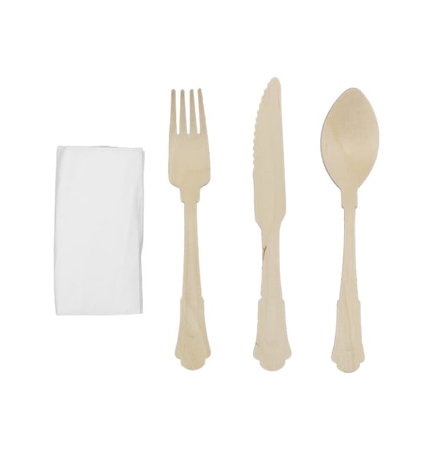 Set de Tenedor, Cuchiilo, Cuchara y Servilleta "Classic" de Madera 20cm (100 Uds) Set de Tenedor, Cuchiilo, Cuchara y Servilleta "Classic" de Madera 20cm (100 Uds)