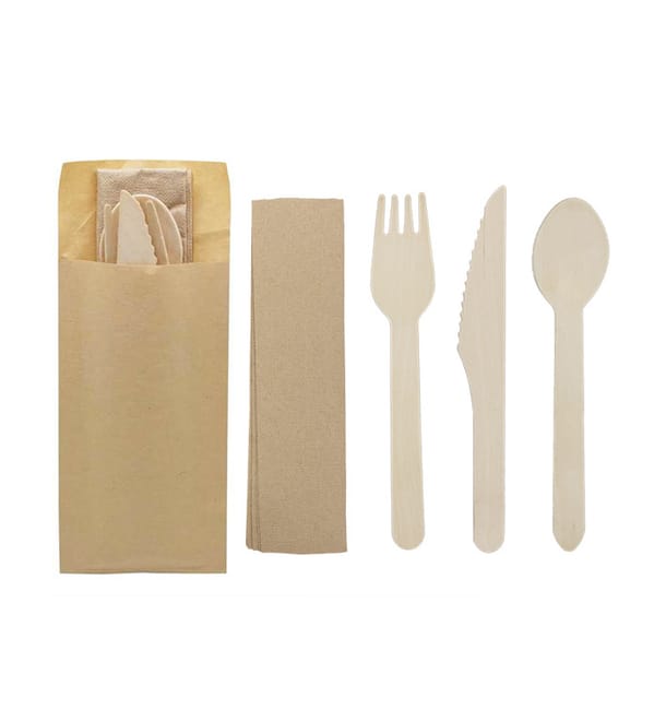 Set Cubiertos Madera Tenedor, Cuchillo, Cuchara y Servilleta (50 Uds) Set Cubiertos Madera Tenedor, Cuchillo, Cuchara y Servilleta (50 Uds)
