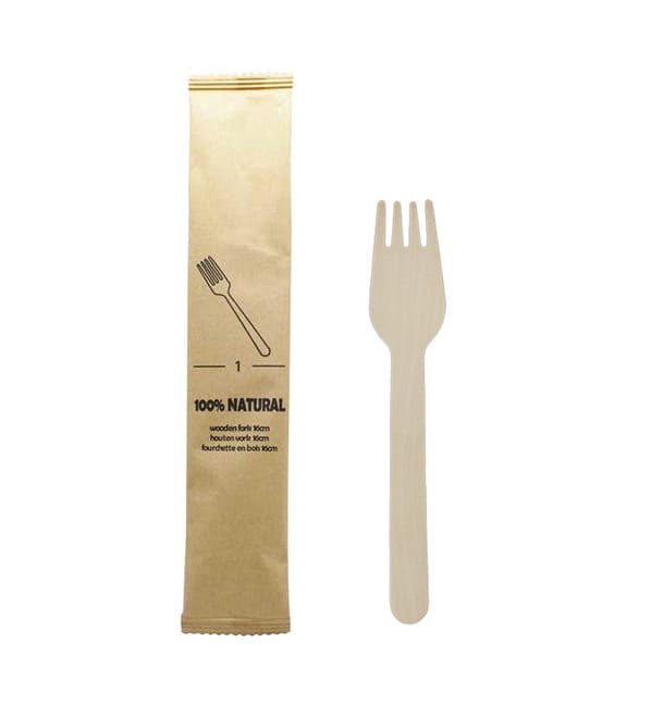 Tenedor de Madera Enfundado 16cm (50 Uds) Tenedor de Madera Enfundado 16cm (50 Uds)